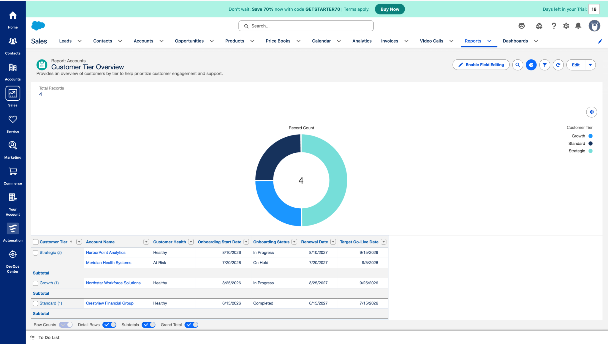 Customer Health Overview report with donut chart and account details